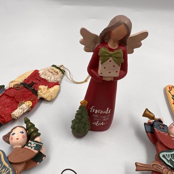 Vintage Lot 7 Christmas Decor Tree Ornaments Wooden Resin Angels Primitive - Picture 5 of 9